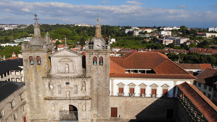 Fototapeta premium Viseu, Portugal - May 8, 2021: DRONE AERIAL VIEW - The Viseu Cathedral (Se Catedral de Viseu) is the Catholic bishopric seat of the city of Viseu, in Portugal.