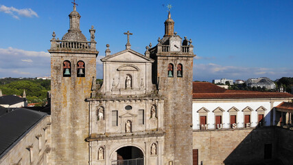 Fototapeta na wymiar Viseu, Portugal - May 8, 2021: DRONE AERIAL VIEW - The Viseu Cathedral (Se Catedral de Viseu) is the Catholic bishopric seat of the city of Viseu, in Portugal.
