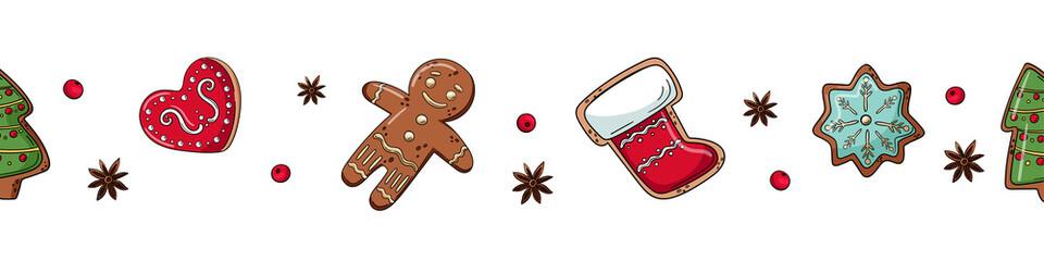 Seamless border with cute christmas gingerbread. Background white. Isolated. Vector illustration