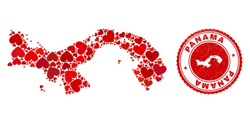 Mosaic Panama map formed with red love hearts, and rubber seal stamp. Vector lovely round red rubber seal imitation with Panama map inside.