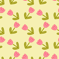 Isolated seamless pattern with geometric style tulip flowers shapes. Light yellow background. Simple artwork.