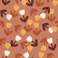 Abstract random little tulip fower shapes seamless pattern. Orange and white flowers elements. Nature print.