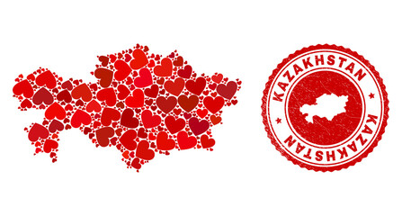 Collage Kazakhstan map composed with red love hearts, and grunge badge. Vector lovely round red rubber seal stamp imitation with Kazakhstan map inside.