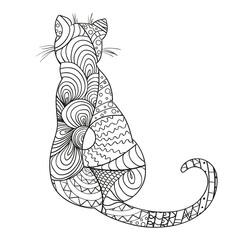 Cat. Design Zentangle. Hand drawn cat with abstract patterns on isolation background. Design for spiritual relaxation for adults. Zen art. Decorative style. Print for polygraphy, posters and textiles © mikabesfamilnaya