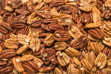 Tasty pecan-nut background. Top view.
