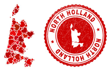 Mosaic North Holland map composed with red love hearts, and rubber seal. Vector lovely round red rubber seal stamp imitation with North Holland map inside.