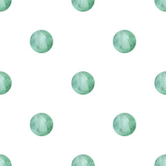 Seamless pattern with polka dots. Painted green watercolor circles on white background