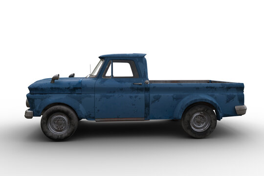 Side view 3D rendering of a dirty old vintage blue pickup truck isolated on white.