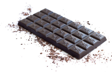 Isolated dark chocolate bar with shavings and powder