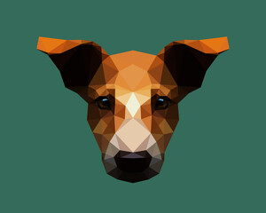 White brown dog head isolated low polygon cartoon on green background, big ears pet character geometric tan hound icon, brunette puppy animal face mosaic design illustration.