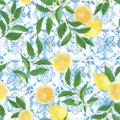 Watercolor blue tile seamless pattern with citrus flowers and fruits