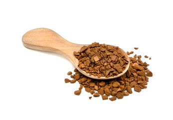 Instant coffee powder with wooden spoon isolated on white background