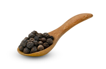 Black pepper or black peppercorns seeds in wooden spoon isolated on white background ,include clipping path