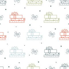 Seamless pattern with box and ribbon. White background. Merry Christmas and a Happy New Year. Great for fabric, textile, gift wrap.