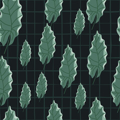 Random green autumn oak leaf silhouettes seamless pattern. Black background with check.