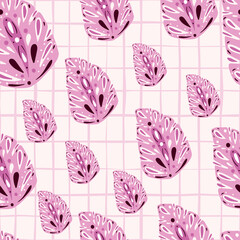 Random exotic foliage seamless pattern with lilac monstera folk ornament. White chequered background.