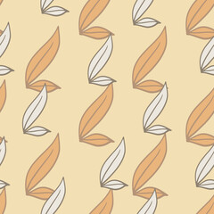 Abstract nature botanic seamless pattern with doodle leaf foliage silhouettes. Pastel orange background.