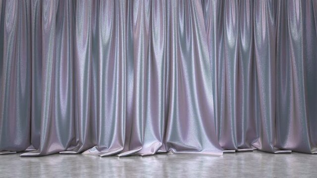 Realistic 3D animation of the silver iridescent textured and glittering show stage curtain with polished concrete flooring with reflections rendered in UHD with alpha matte