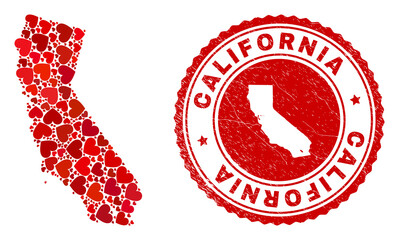 Mosaic California State map composed from red love hearts, and textured seal stamp. Vector lovely round red rubber seal stamp imitation with California State map inside.