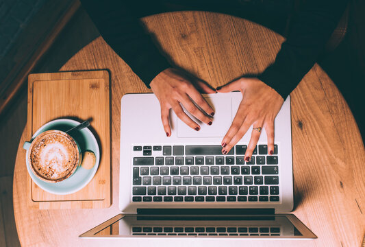 Female professional typing while using laptop in coffee shop