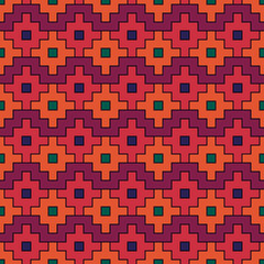 Inca crosses, squares, checks seamless pattern. Ethnic ornament. Folk background. Geometric wallpaper. Tribal motif. Ancient mosaic. Cross, square shapes. Ethnical textile print, abstract. Vector art.