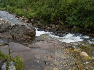 Mountain stream swirling among boulders