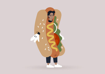 A young male character wearing a giant hot dog costume, a fast food restaurant promo, marketing