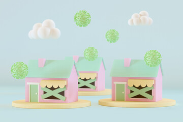 COVID-19 virus and clouds over stores