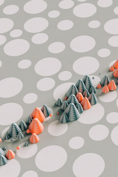 Three dimensional render of red and gray cones laid on polka dot pattern