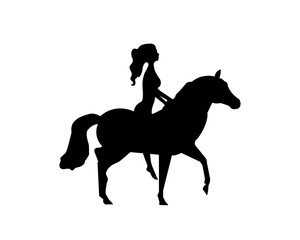 Fototapeta na wymiar Girl silhouette riding a horse, vector. Girl and horse illustration isolated on white background. Wall decals, art, artwork. Sticker design. Cartoon character, princess riding a horse