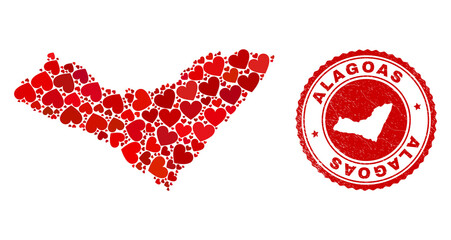 Collage Alagoas State map designed with red love hearts, and scratched seal. Vector lovely round red rubber seal stamp imprint with Alagoas State map inside.