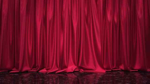 Realistic 3D animation of the fancy red textured show stage curtain and black marble flooring with reflections rendered in UHD with alpha matte