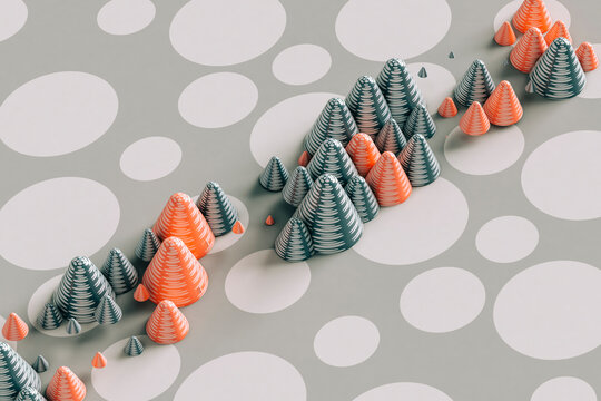 Three dimensional render of red and gray cones laid on polka dot pattern