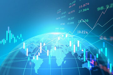 Stock market or forex trading graph with map world representing the global network line wire frame data business concept banner