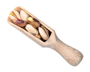 peeled and unpeeled Pistachio nuts in wooden scoop