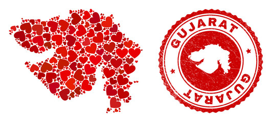 Mosaic Gujarat State map formed with red love hearts, and rubber seal stamp. Vector lovely round red rubber stamp imprint with Gujarat State map inside. - obrazy, fototapety, plakaty