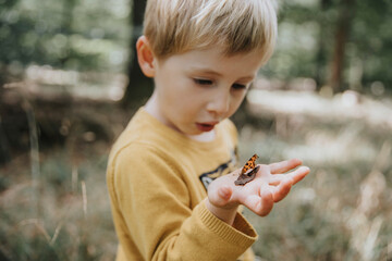 Surprised boy looking at butterfly on palm of hand