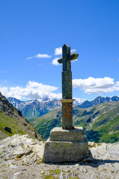 Italy, Aosta Valley, Summit cross at Great St Bernard Pass
