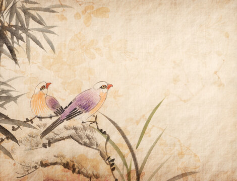 Traditional chinese painting two birds on old Paper Background