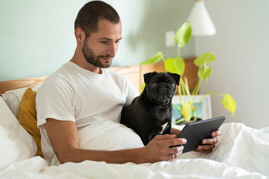 Young man with Pug dog using digital tablet while sitting on bed at home