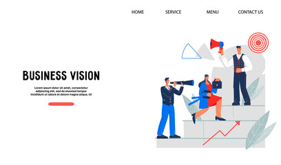 Website template with business people aiming up career ladder, flat vector illustration. Opportunities for professional  growth and business development, achieving goals and career implementation.