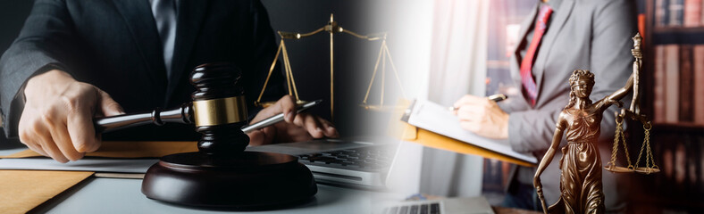 Obraz premium Business and lawyers discussing contract papers with brass scale on desk in office. Law, legal services, advice, justice and law concept picture with film grain effect