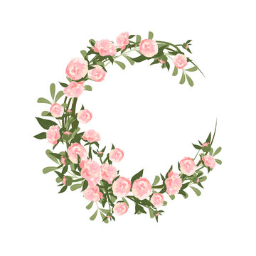 A wreath of peonies. Round frame, pink cute flowers and leaves. Spring pink blooming composition with buds. Holiday decorations for wedding, holiday, postcard, poster and design