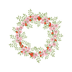Rosehip wreath. Round frame, cute pink flowers rose red fruits and leaves. Festive decorations for wedding, holiday, postcard, poster and design