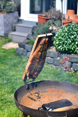 frischer flammlachs im garten grillen auf feuerschale