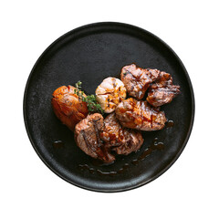 Isolated plate of grilled fillet mignon steaks with potato