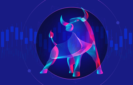 Trading and finance investment strategy concept with abstract bullish silhouette and candlestick chart on a background. Vector illustration of a standing neon bull with growing stock market diagram