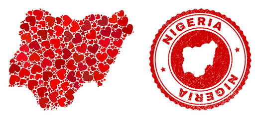 Collage Nigeria map designed with red love hearts, and rubber seal. Vector lovely round red rubber seal imitation with Nigeria map inside. Geographic abstraction of Nigeria map with red amour symbols.