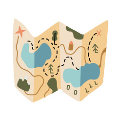 Paper folding tourist road map. Hand drawn flat vector illustration isolated on white background. Camping, hiking and tourism equipment.	