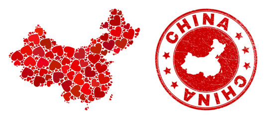 Collage China map composed with red love hearts, and rubber seal. Vector lovely round red rubber seal stamp imitation with China map inside.